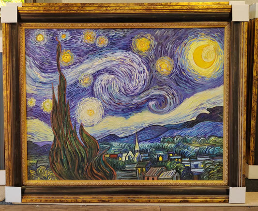 Hand-Painted Starry Night Oil Painting After Van Gogh Framed 90x110cm